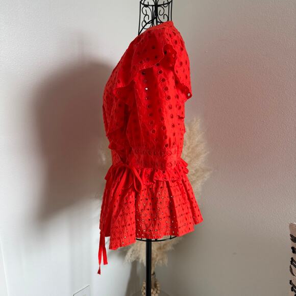 J.Crew Orange Red Eyelet Wrap Cotton Blouse with Ruffle Sleeves – Size Small - Picture 4 of 8